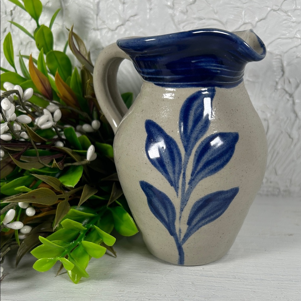 Williamsburg Salt Glazed mini Pitcher Stamped Dated Blue Leaf Salt Glazed Finish